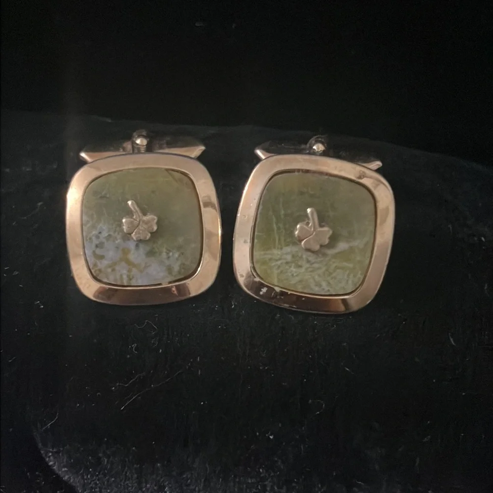 Vintage Green Marble Shamrock Cufflinks signed F